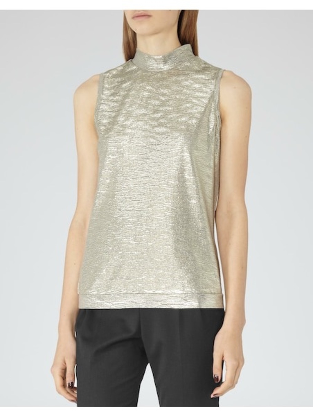 Reiss Tamla Metallic Shimmer Silver & Gold Sleeveless Mock Neck Top